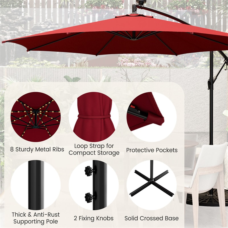 10FT Offset Cantilever Patio Umbrella with 112 Solar LED Lights & Adjustable Crank Tilt, 8 Ribs Outdoor Auto Tilt Market Umbrella