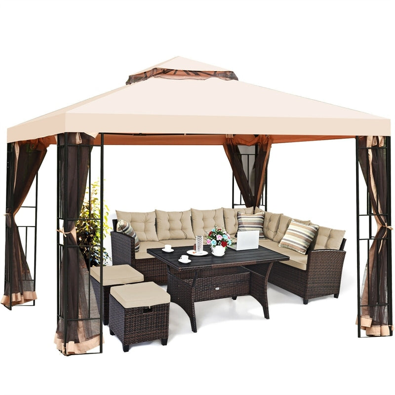 10' x 10' Outdoor Gazebo Double Roof Metal Gazebo Patio Gazebo Canopy with Netting Curtain & Heavy Duty Steel Frame for Garden Yard