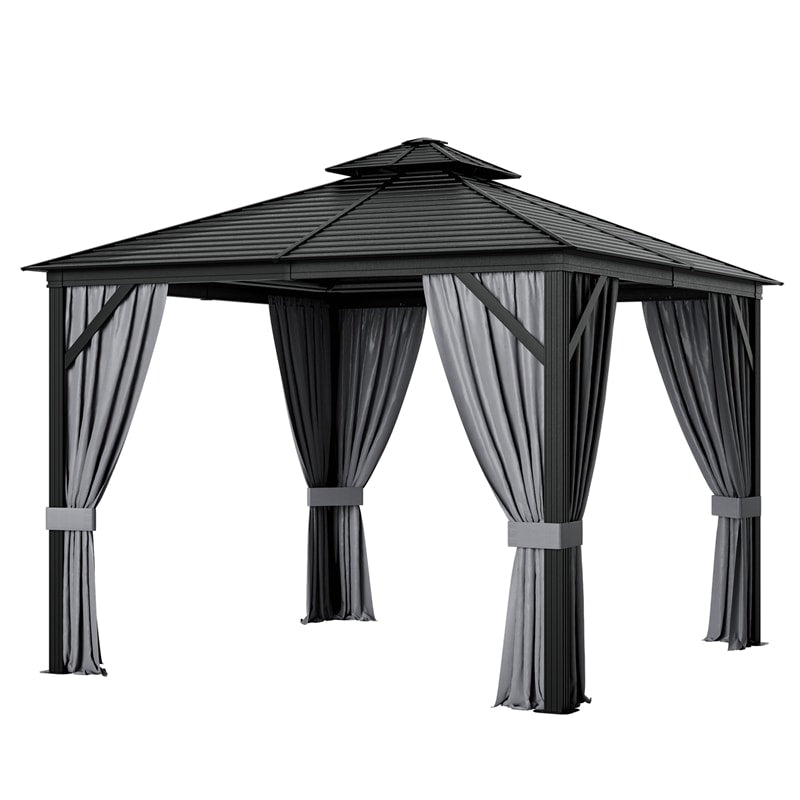 10 x 10FT Double-Top Outdoor Hardtop Gazebo with Galvanized Steel Roof & Netting Curtains