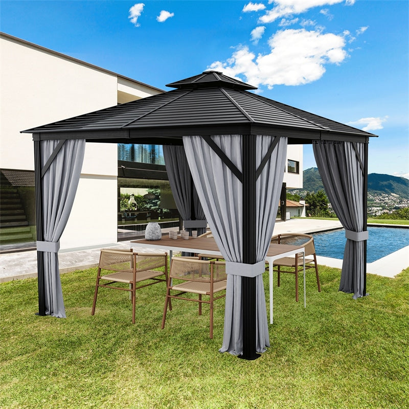 10 x 10FT Double-Top Outdoor Hardtop Gazebo with Galvanized Steel Roof & Netting Curtains