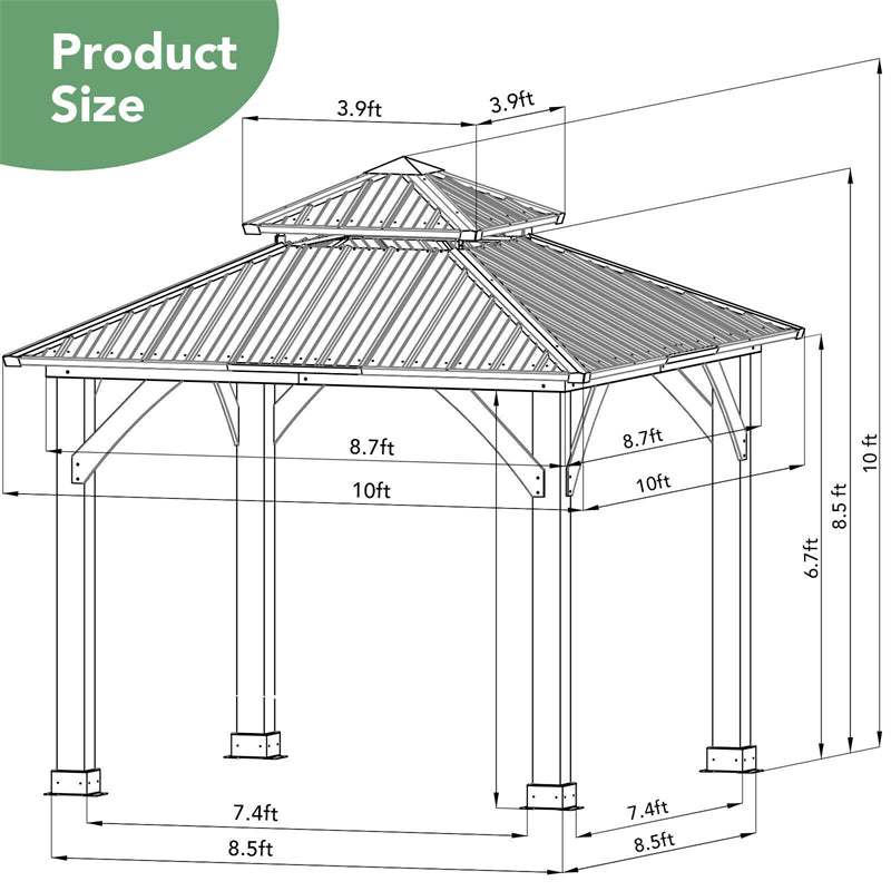 10 x 10 FT Outdoor Patio Hardtop Gazebo Double Steel Roof Solid Wood Frame