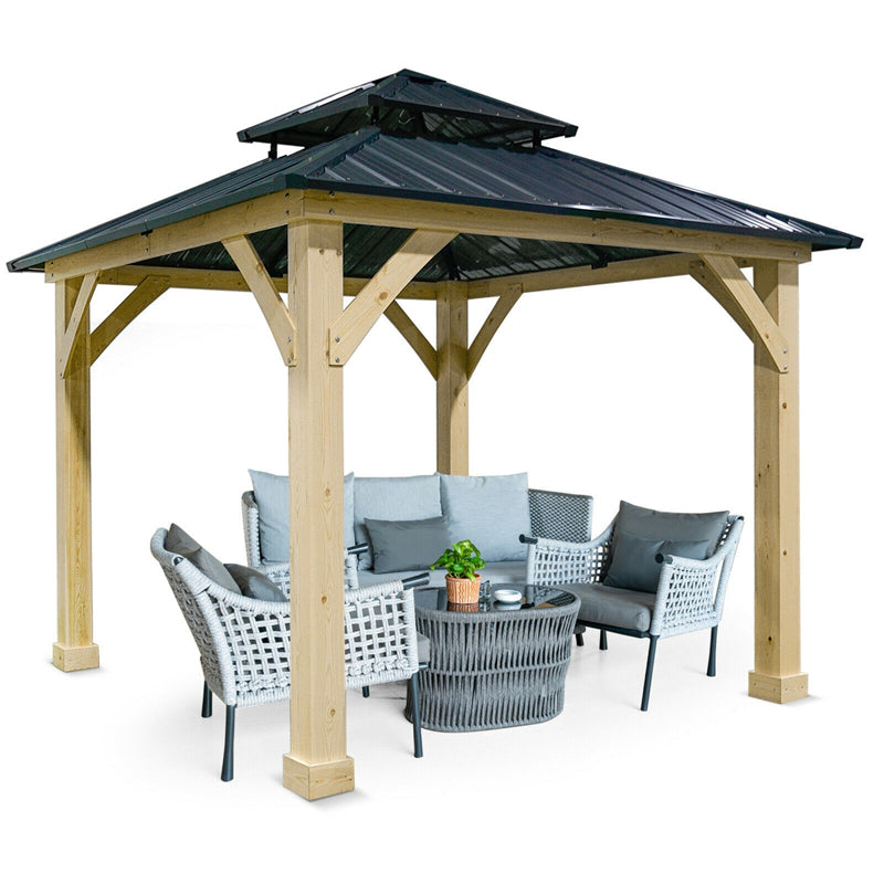 10 x 10 FT Outdoor Patio Hardtop Gazebo Double Steel Roof Solid Wood Frame