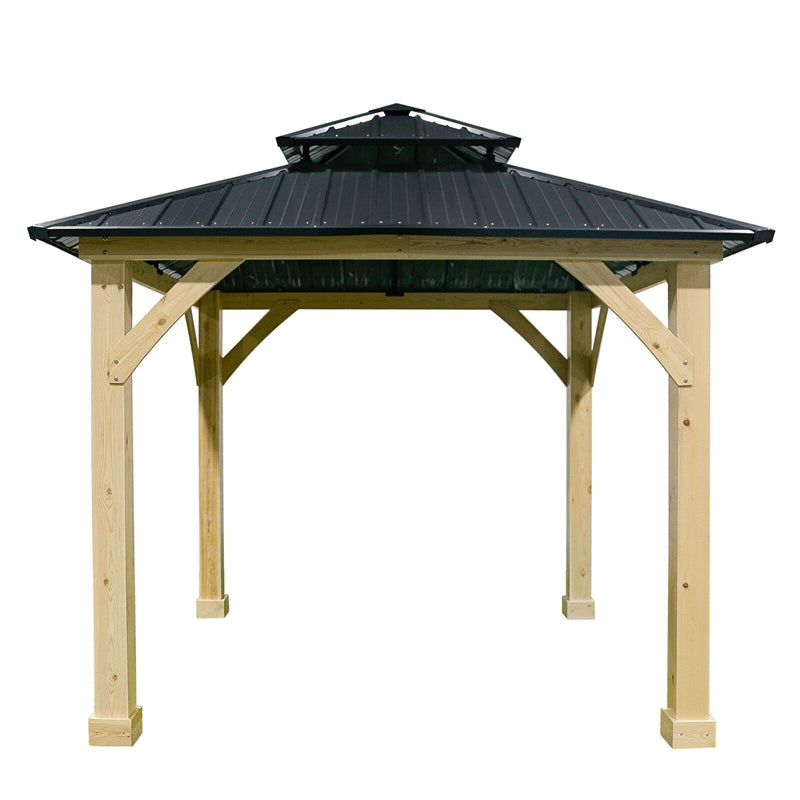 10 x 10 FT Outdoor Patio Hardtop Gazebo Double Steel Roof Solid Wood Frame