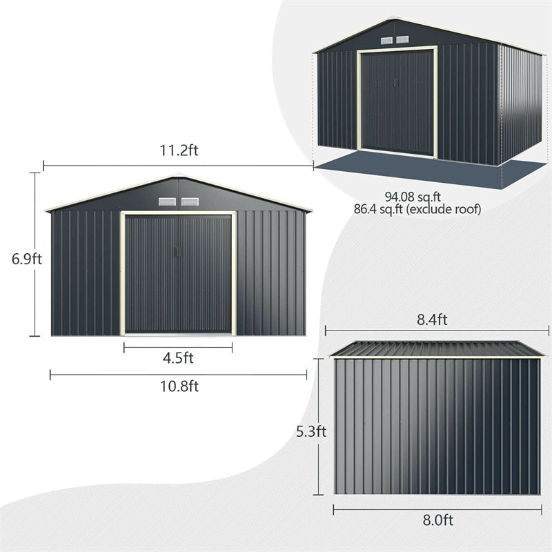 11' x 8' Large Metal Storage Shed Outdoor Backyard Storage Cabinet Garden Tool House with 4 Vents & Lockable Double Sliding Door