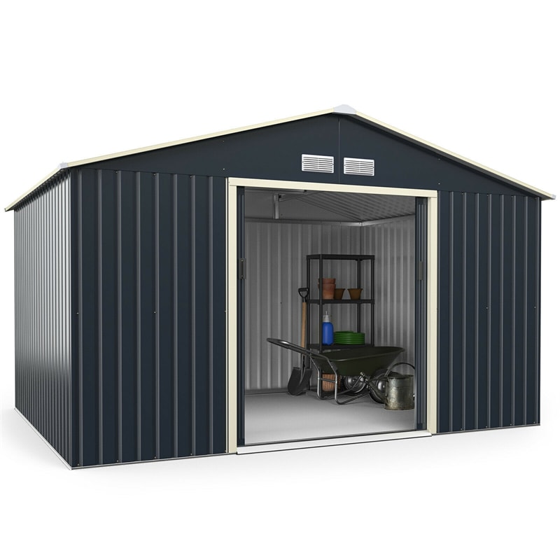 11' x 8' Large Metal Storage Shed Outdoor Backyard Storage Cabinet Garden Tool House with 4 Vents & Lockable Double Sliding Door