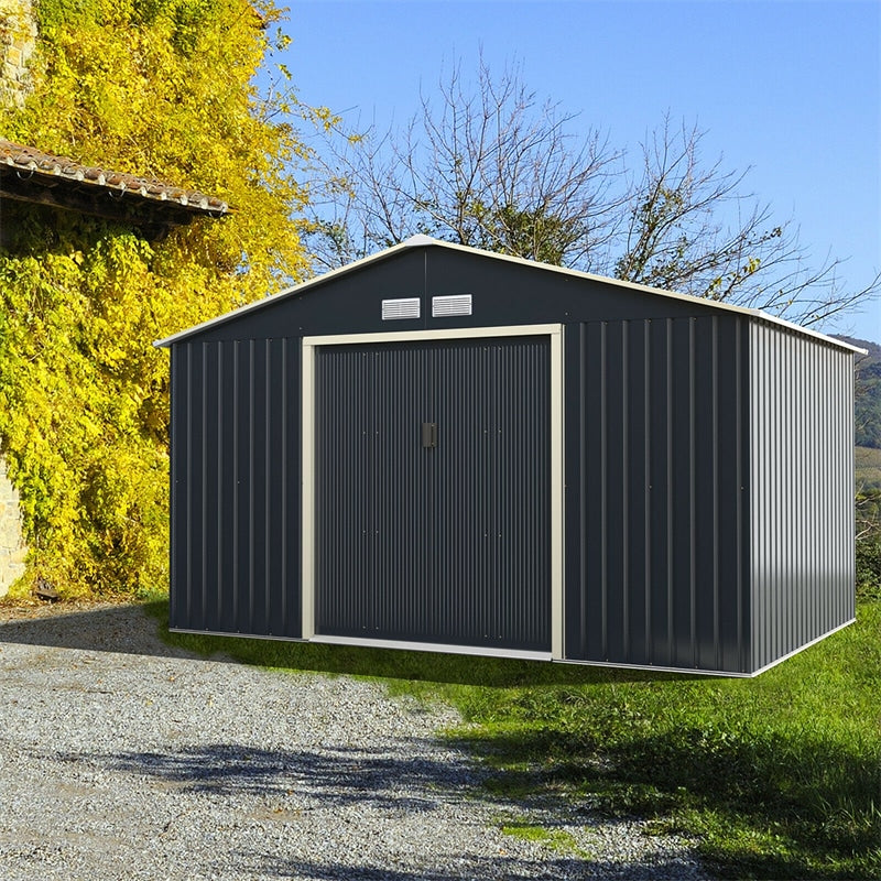 11' x 8' Large Metal Storage Shed Outdoor Backyard Storage Cabinet Garden Tool House with 4 Vents & Lockable Double Sliding Door