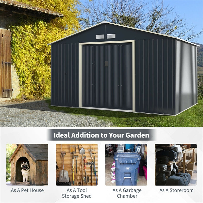 11' x 8' Large Metal Storage Shed Outdoor Backyard Storage Cabinet Garden Tool House with 4 Vents & Lockable Double Sliding Door