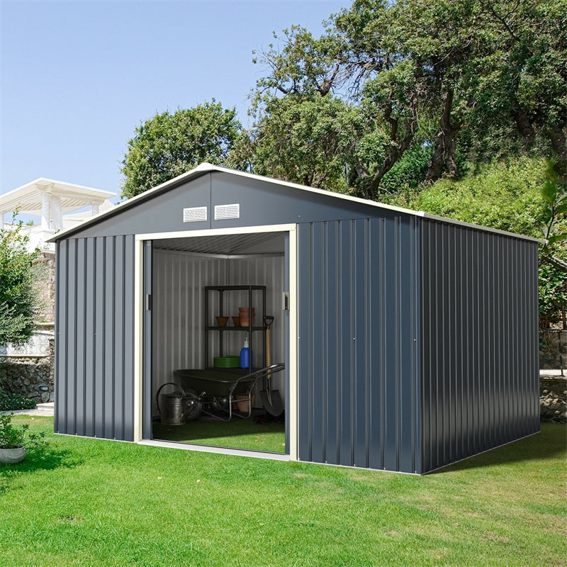 11' x 8' Large Metal Storage Shed Outdoor Backyard Storage Cabinet Garden Tool House with 4 Vents & Lockable Double Sliding Door