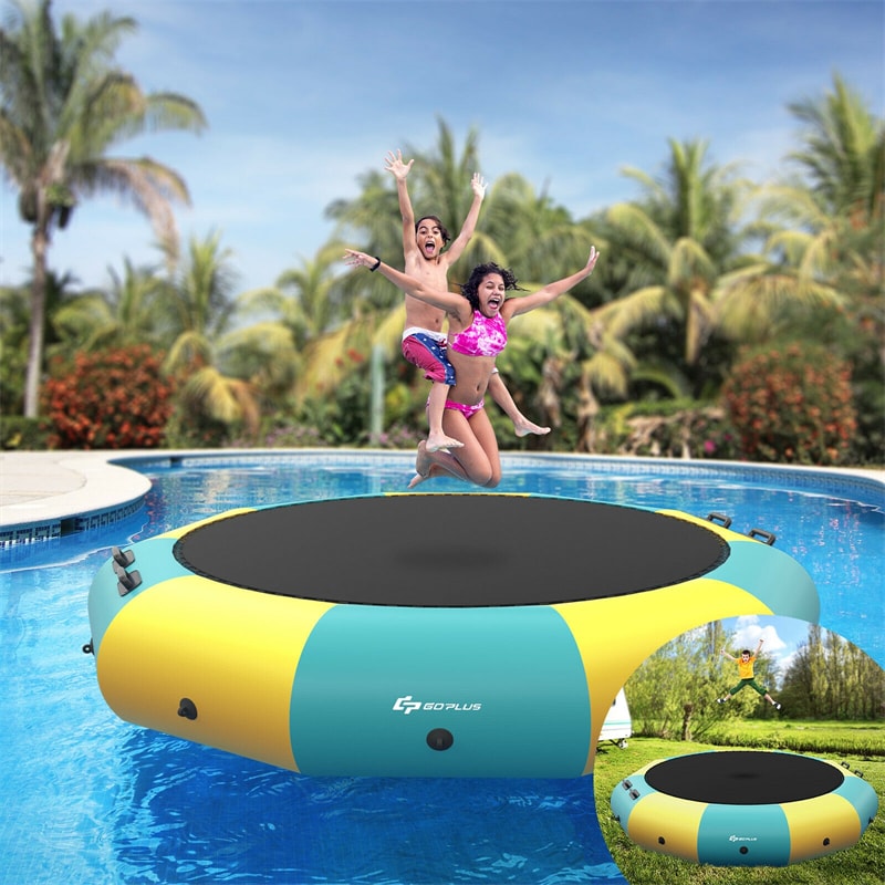 12FT Inflatable Water Trampoline Floating Lake Trampoline with 500W Electric Inflator & Rope Ladder, Recreational Water Bouncer for Pool