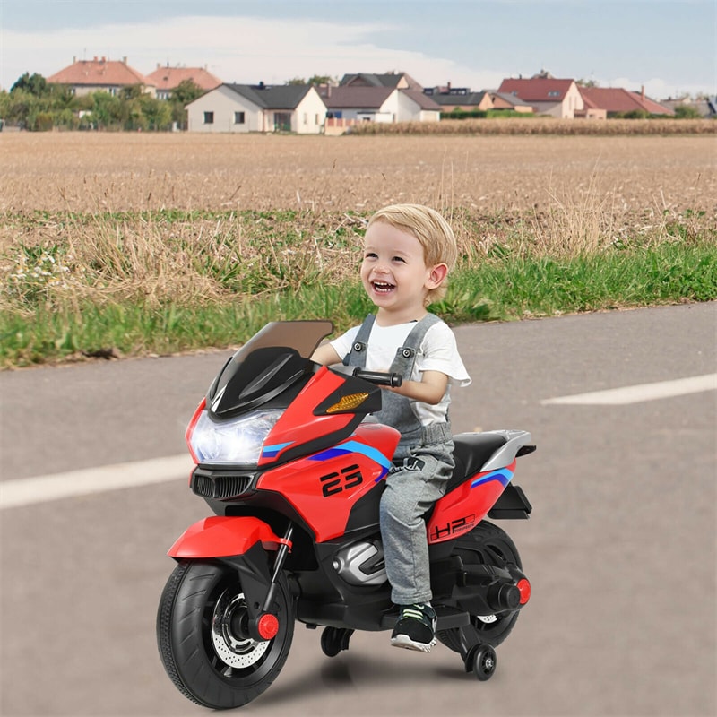 12V Kids Ride On Motorcycle Battery Powered Electric Motorbike with Training Wheels & LED Lights