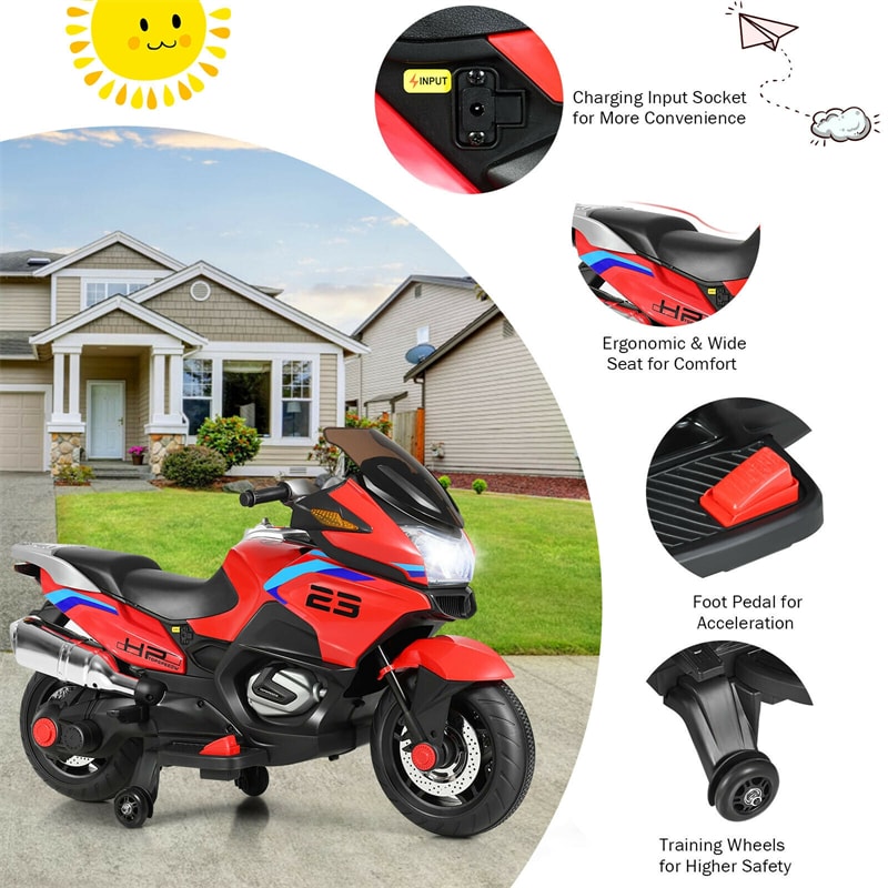 12V Kids Ride On Motorcycle Battery Powered Electric Motorbike with Training Wheels & LED Lights