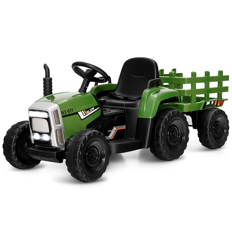 12V Kids Ride-On Tractor with Detachable Trailer, 3-Gear Ground Loader, LED Lights, Remote Control, Battery Powered Tractor Toy for Ages 3+