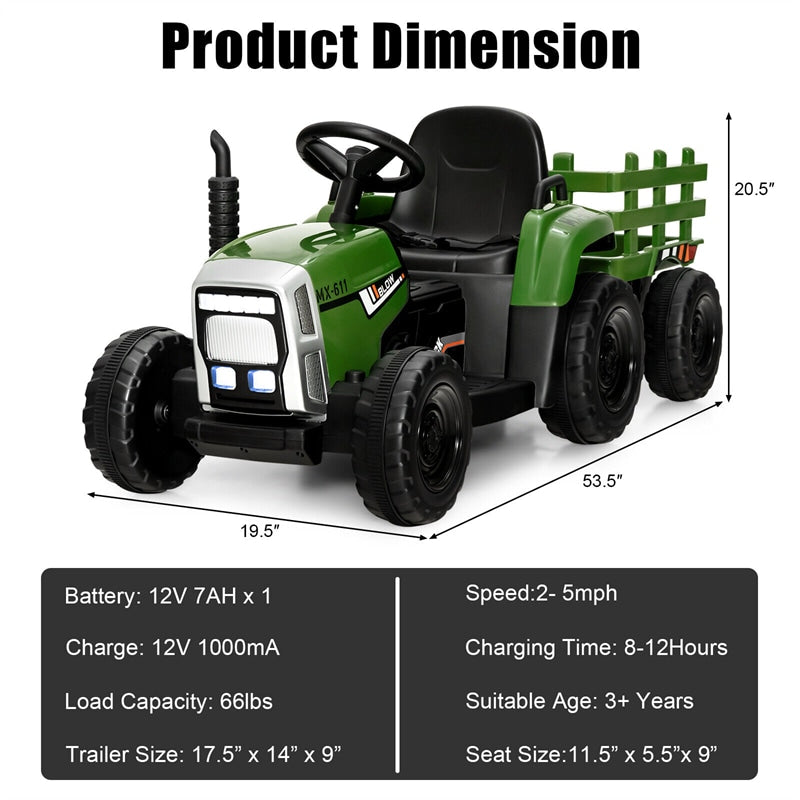 12V Kids Ride-On Tractor with Detachable Trailer, 3-Gear Ground Loader, LED Lights, Remote Control, Battery Powered Tractor Toy for Ages 3+