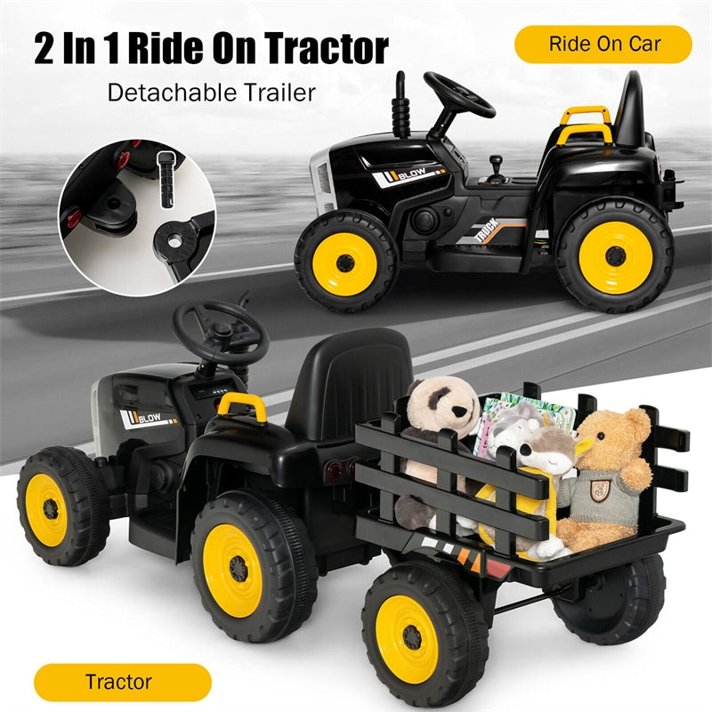 12V Kids Ride-On Tractor with Detachable Trailer, 3-Gear Ground Loader, LED Lights, Remote Control, Battery Powered Tractor Toy for Ages 3+