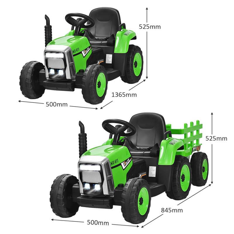 12V Kids Ride-On Tractor with Detachable Trailer, 3-Gear Ground Loader, LED Lights, Remote Control, Battery Powered Tractor Toy for Ages 3+