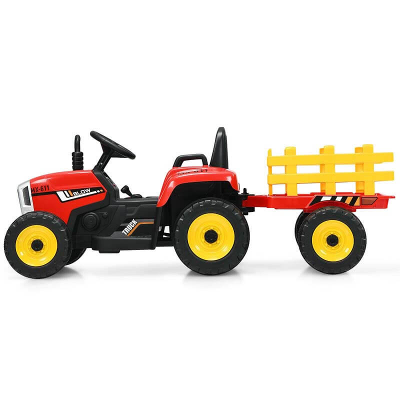 Kids Ride on Tractor w/ Detachable Trailer, 12V Electric Ride on Car Tractor Toy w/ 3-Gear-Shift Ground Loader, Remote Control, LED Lights