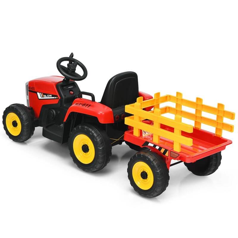 Kids Ride on Tractor w/ Detachable Trailer, 12V Electric Ride on Car Tractor Toy w/ 3-Gear-Shift Ground Loader, Remote Control, LED Lights