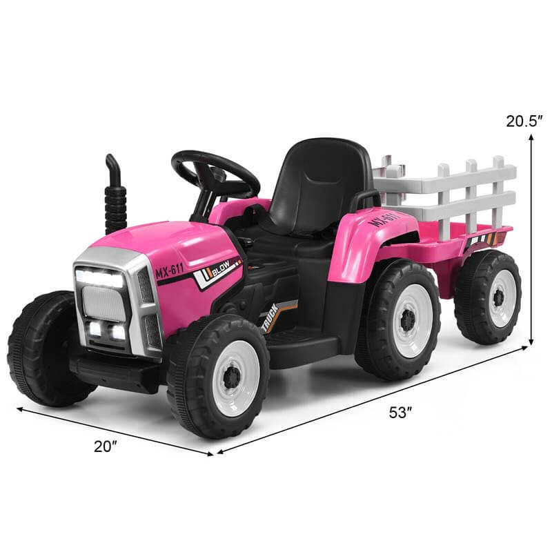 Kids Ride on Tractor w/ Detachable Trailer, 12V Electric Ride on Car Tractor Toy w/ 3-Gear-Shift Ground Loader, Remote Control, LED Lights