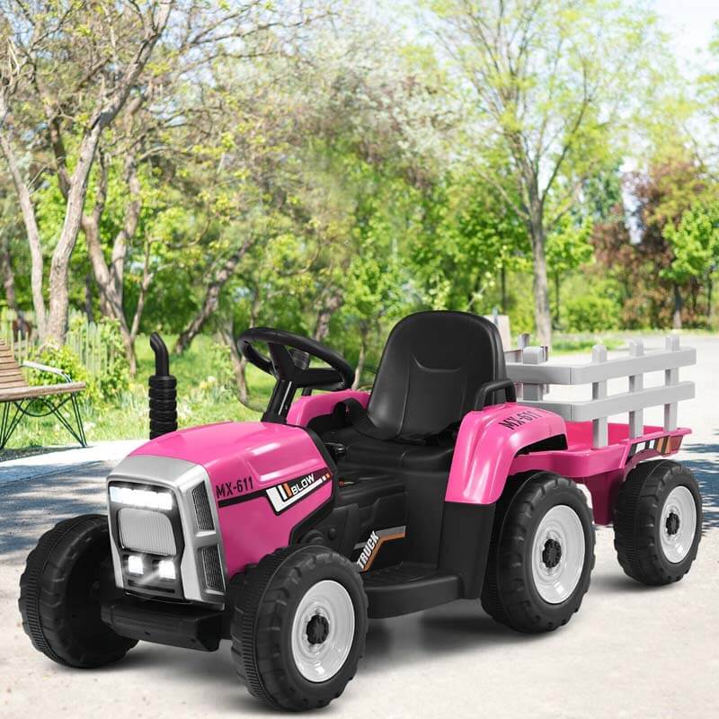 Kids Ride on Tractor w/ Detachable Trailer, 12V Electric Ride on Car Tractor Toy w/ 3-Gear-Shift Ground Loader, Remote Control, LED Lights