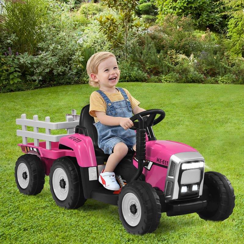 Kids Ride on Tractor w/ Detachable Trailer, 12V Electric Ride on Car Tractor Toy w/ 3-Gear-Shift Ground Loader, Remote Control, LED Lights