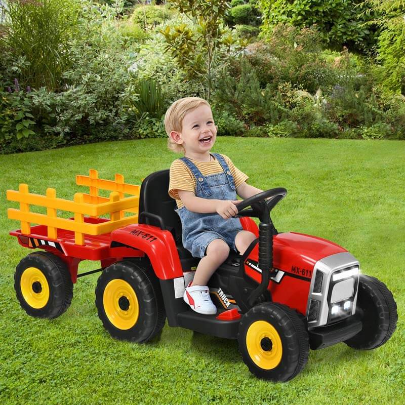 Kids Ride on Tractor w/ Detachable Trailer, 12V Electric Ride on Car Tractor Toy w/ 3-Gear-Shift Ground Loader, Remote Control, LED Lights