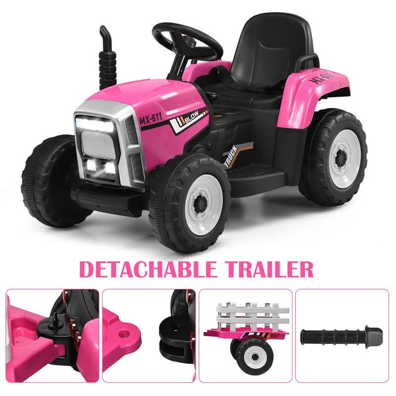 Kids Ride on Tractor w/ Detachable Trailer, 12V Electric Ride on Car Tractor Toy w/ 3-Gear-Shift Ground Loader, Remote Control, LED Lights