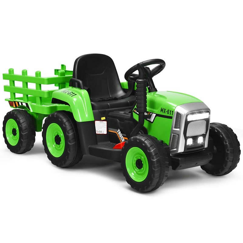 Kids Ride on Tractor w/ Detachable Trailer, 12V Electric Ride on Car Tractor Toy w/ 3-Gear-Shift Ground Loader, Remote Control, LED Lights