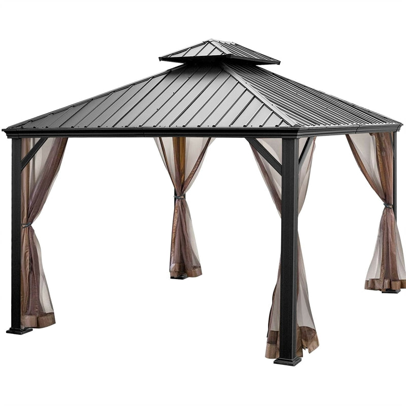 12' x 10' Double Vented Roof Hardtop Gazebo 2-Tier Outdoor Galvanized Steel Canopy