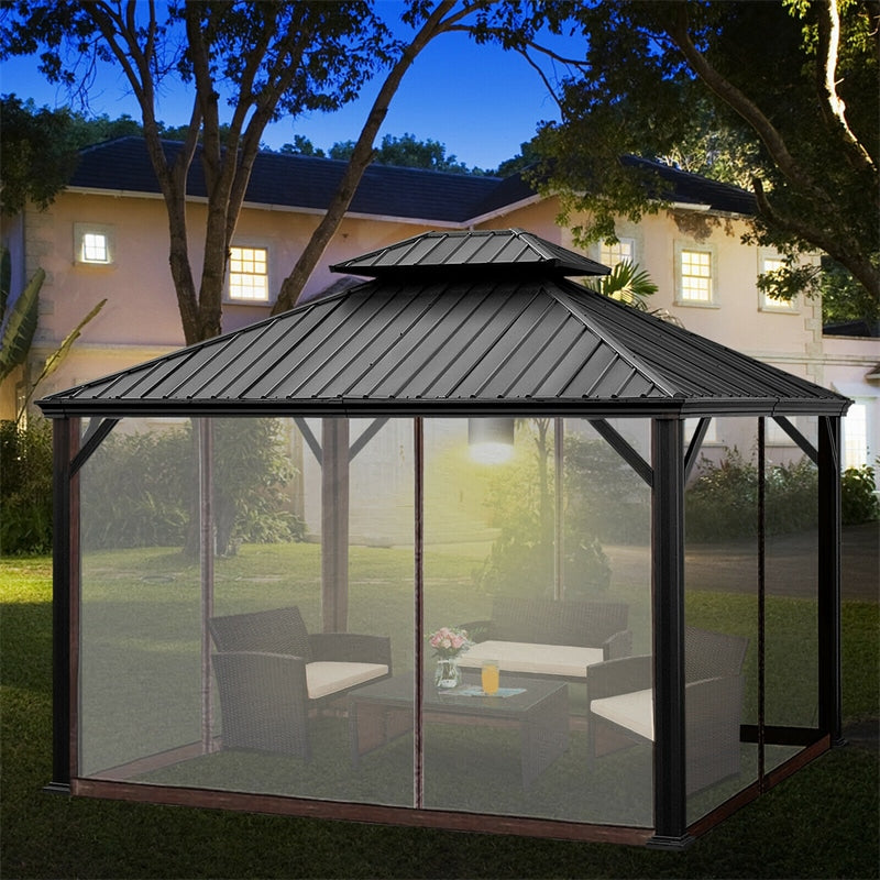 12' x 10' Double Vented Roof Hardtop Gazebo 2-Tier Outdoor Galvanized Steel Canopy