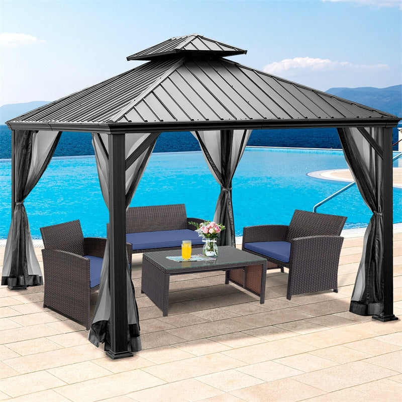 12' x 10' Double Vented Roof Hardtop Gazebo 2-Tier Outdoor Galvanized Steel Canopy