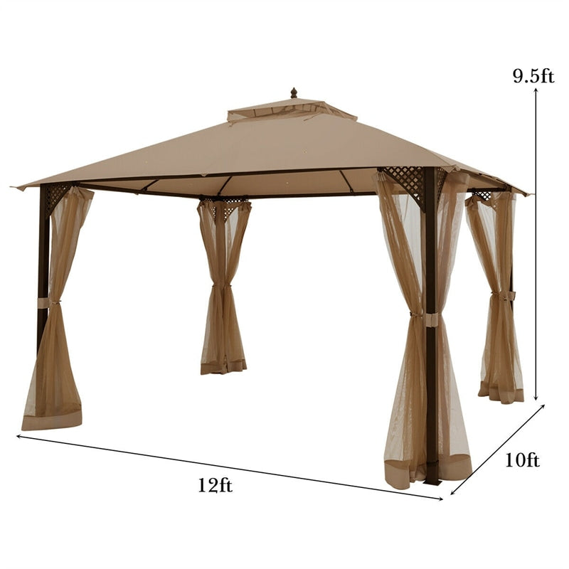 12' x 10' Heavy Duty Outdoor Gazebo Mosquito Netting Gazebo with Double Vented Roof & Netting Curtain