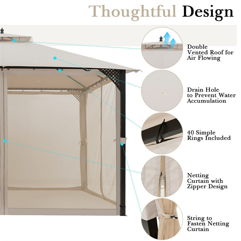 12' x 10' Heavy Duty Outdoor Gazebo Mosquito Netting Gazebo with Double Vented Roof & Netting Curtain