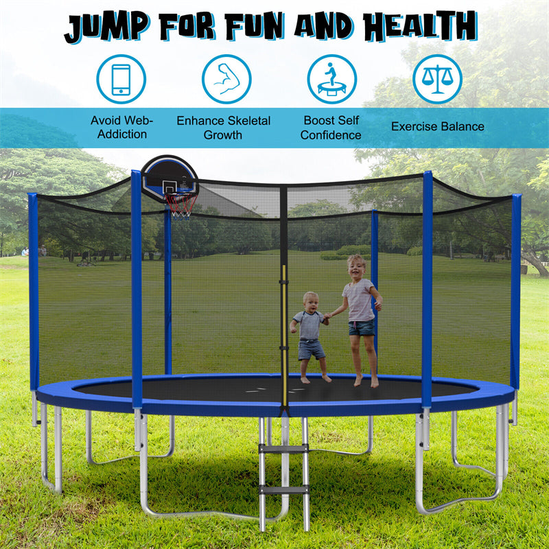 12FT Outdoor Trampoline with Safety Net Enclosure & Basketball Hoop for Kids, ASTM Approved Toddler Backyard Recreational Trampoline with Ballpump