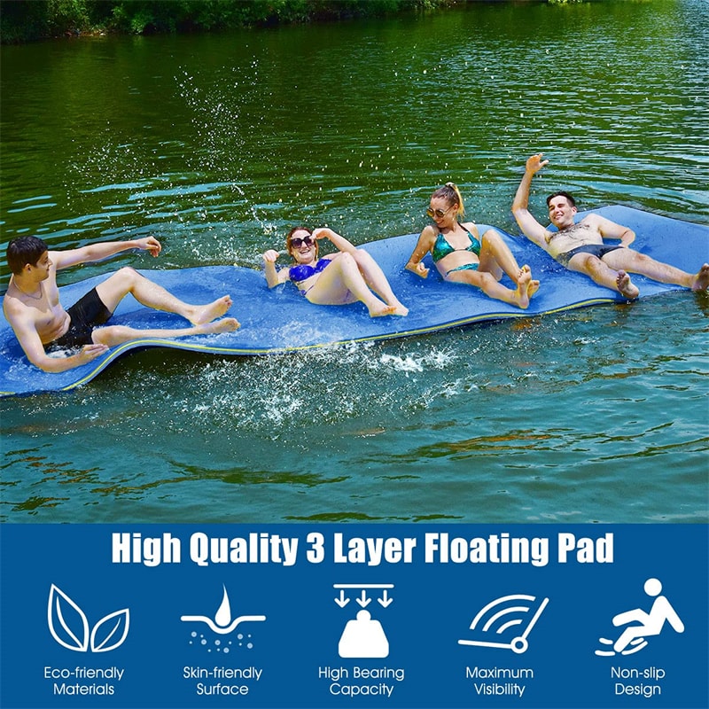 12' x 6' Floating Water Pad 3 Layer Tear-Resistant XPE Foam Water Mat Roll-Up Floating Island for Pool Lake with Mooring Device & Straps