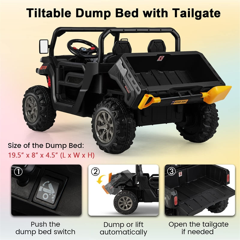 2-Seater Ride On Car 12V Battery Powered Kids Ride on Dump Truck Off-Road Kids UTV with Remote Control Electric Dump Bed & Shovel