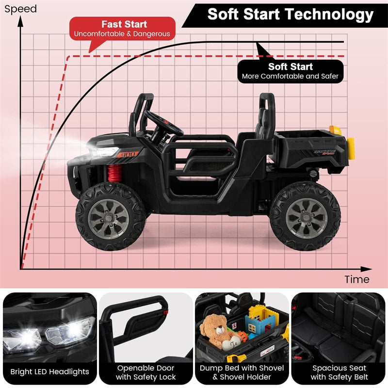 2-Seater Ride On Car 12V Battery Powered Kids Ride on Dump Truck Off-Road Kids UTV with Remote Control Electric Dump Bed & Shovel