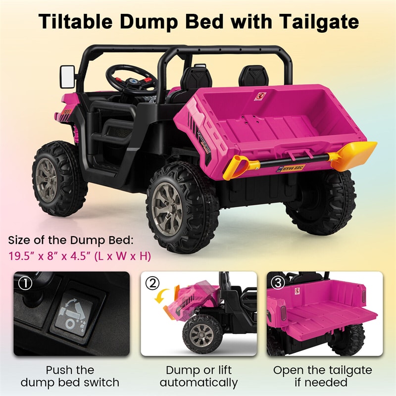 2-Seater Ride On Car 12V Battery Powered Kids Ride on Dump Truck Off-Road Kids UTV with Remote Control Electric Dump Bed & Shovel