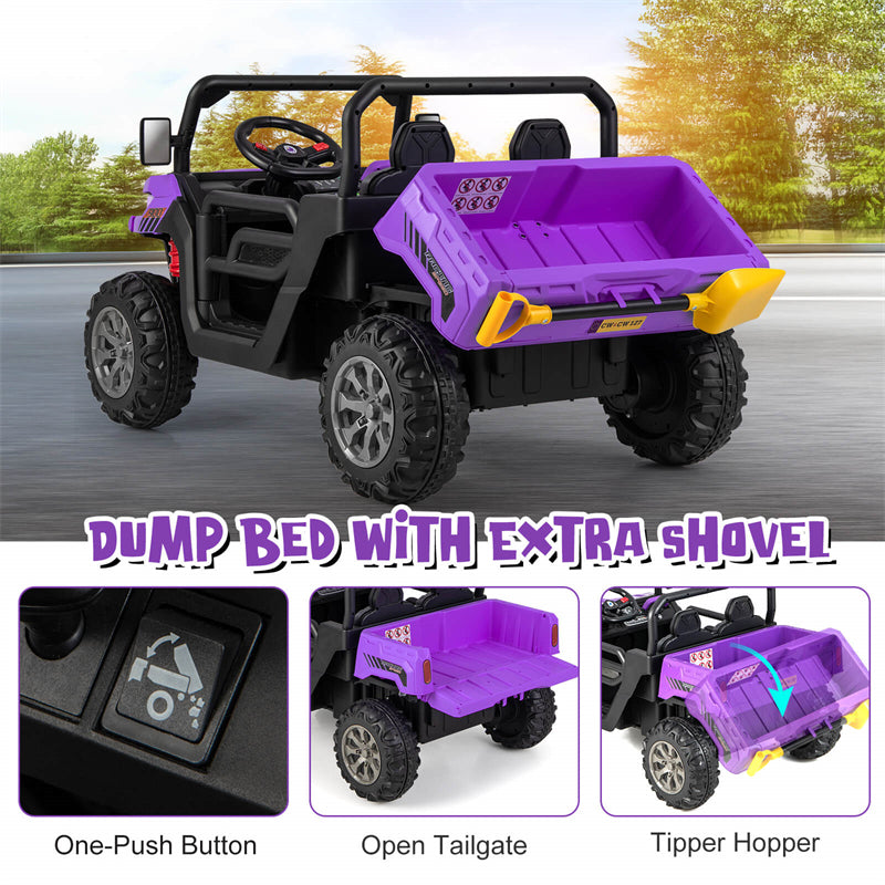 2-Seater Ride On Car 12V Battery Powered Kids Ride on Dump Truck Off-Road Kids UTV with Remote Control Electric Dump Bed & Shovel