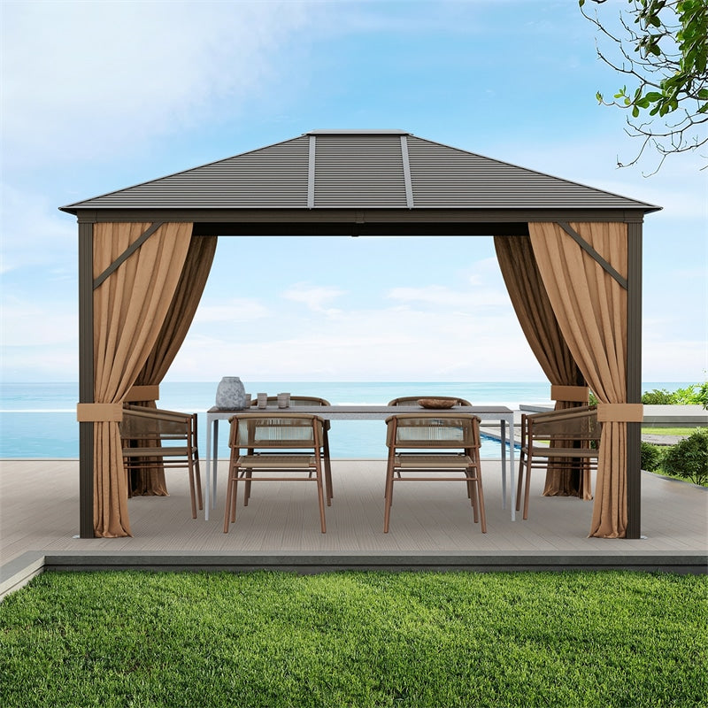 12 x 10ft Double-Top Outdoor Hardtop Gazebo with Galvanized Steel Top & Netting Curtains for Backyard