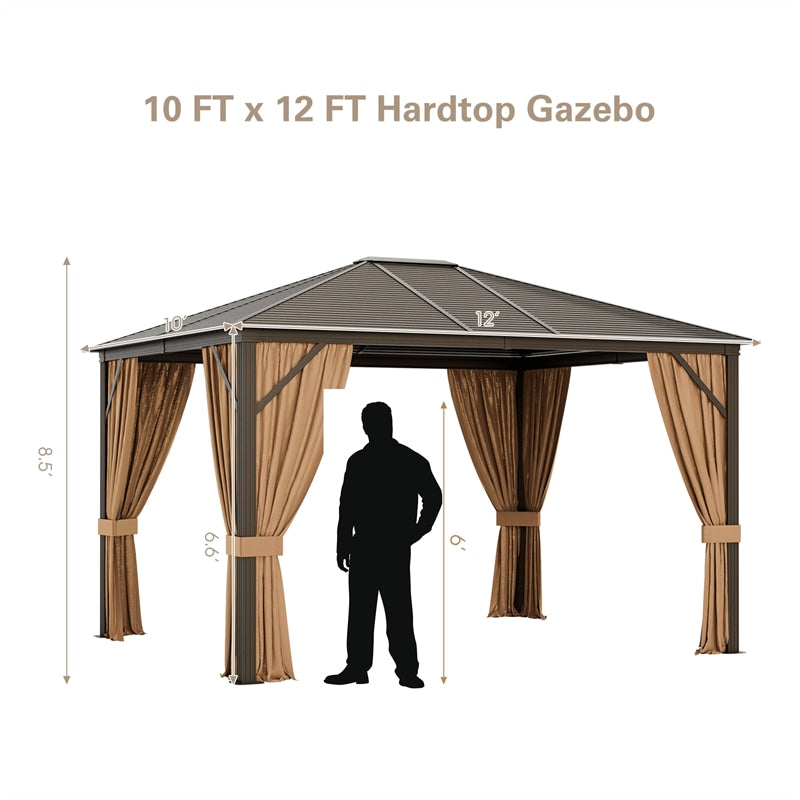 12 x 10ft Double-Top Outdoor Hardtop Gazebo with Galvanized Steel Top & Netting Curtains for Backyard