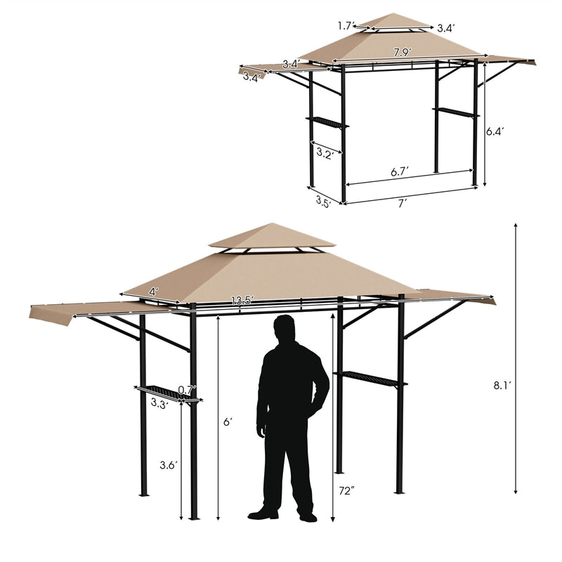 13.5' x 4' Patio BBQ Grill Gazebo Canopy with Dual Side Awings & Shelves, 2-Tier Outdoor Grill Gazebo Heavy-Duty Steel Grill Shelter