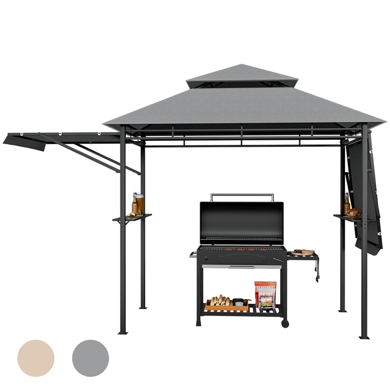 13.5' x 4' Patio BBQ Grill Gazebo Canopy with Dual Side Awings & Shelves, 2-Tier Outdoor Grill Gazebo Heavy-Duty Steel Grill Shelter