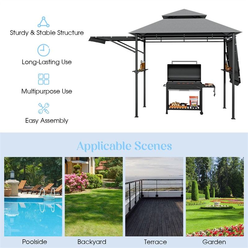 13.5' x 4' Patio BBQ Grill Gazebo Canopy with Dual Side Awings & Shelves, 2-Tier Outdoor Grill Gazebo Heavy-Duty Steel Grill Shelter