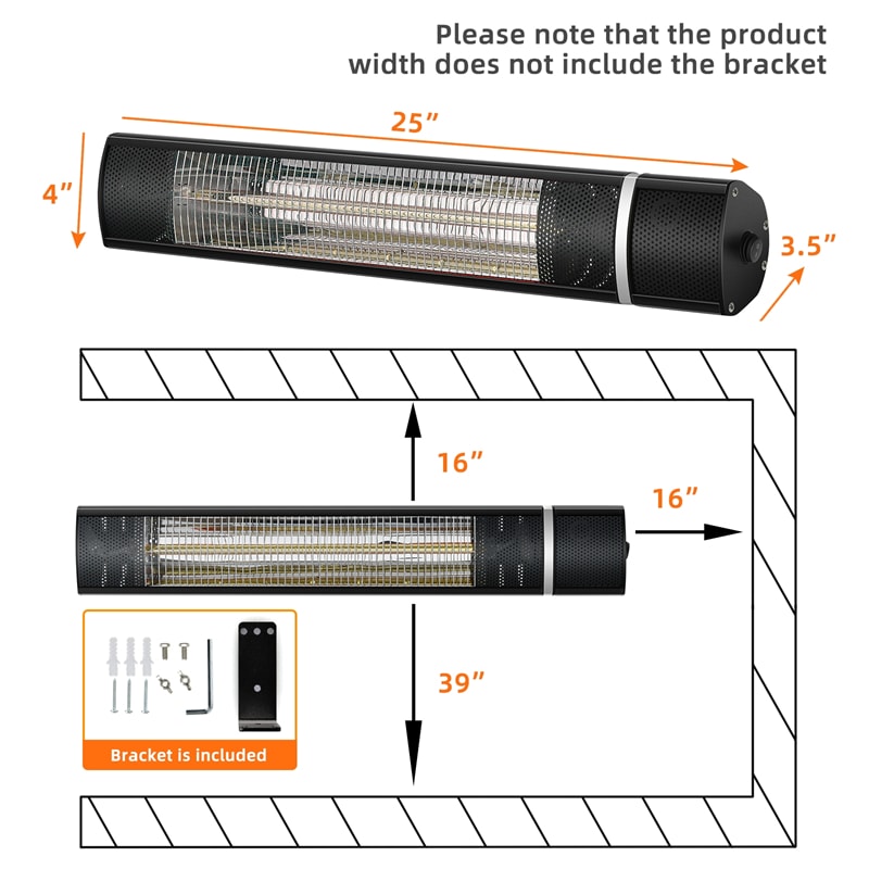 1500W Wall Mounted Patio Heater with Remote Control & 3 Heat Settings, IP65 Waterproof Electric Infrared Heater for Outdoor Indoor