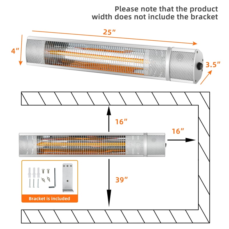 1500W Wall Mounted Patio Heater with Remote Control & 3 Heat Settings, IP65 Waterproof Electric Infrared Heater for Outdoor Indoor