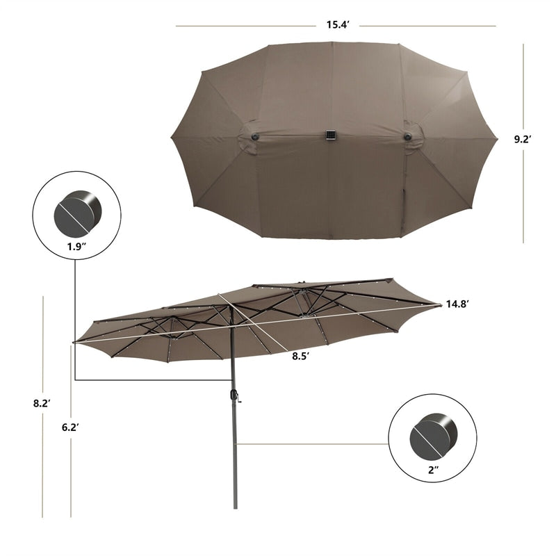 15FT Double-Sided Patio Umbrella Outdoor Market Umbrella with 48 Solar LED Lights & Crank