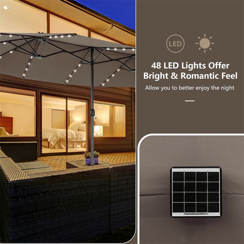 15FT Double-Sided Patio Umbrella Outdoor Market Umbrella with 48 Solar LED Lights & Crank