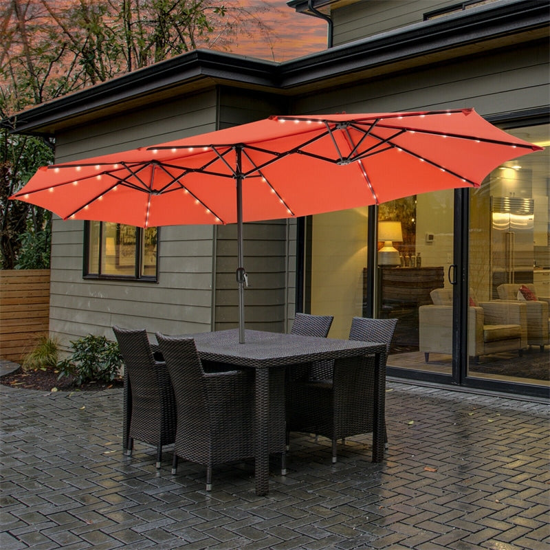 15FT Double-Sided Patio Umbrella Outdoor Market Umbrella with 48 Solar LED Lights & Crank