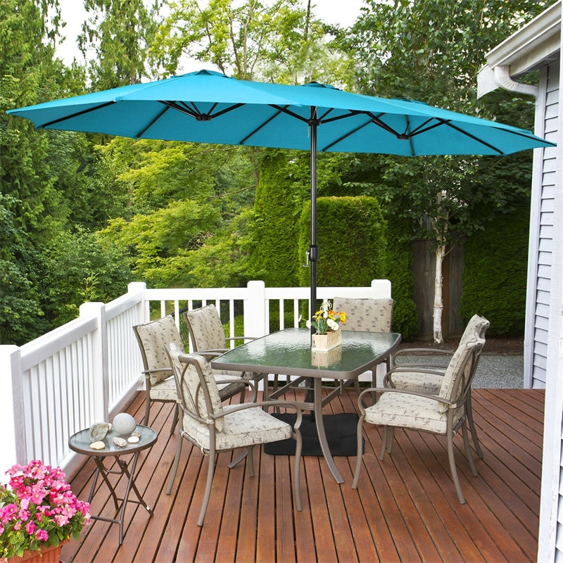 15FT Double-Sided Patio Umbrella Extra Large Outdoor Twin Market Umbrella with Crank Handle & Umbrella Base