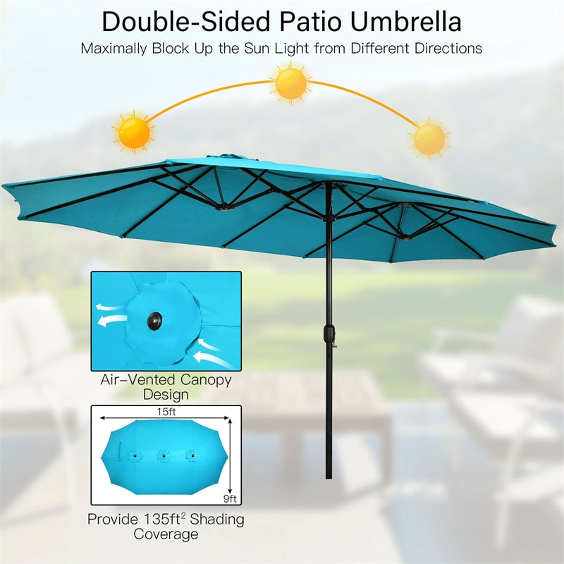 15FT Double-Sided Patio Umbrella Extra Large Outdoor Twin Market Umbrella with Crank Handle & Umbrella Base